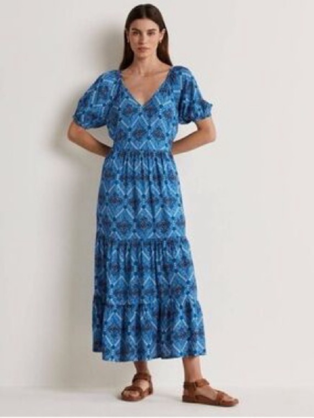 NWOT Boden Blue Print Puff Sleeve Tiered Midi Dress Size 10 - Picture 2 of 4